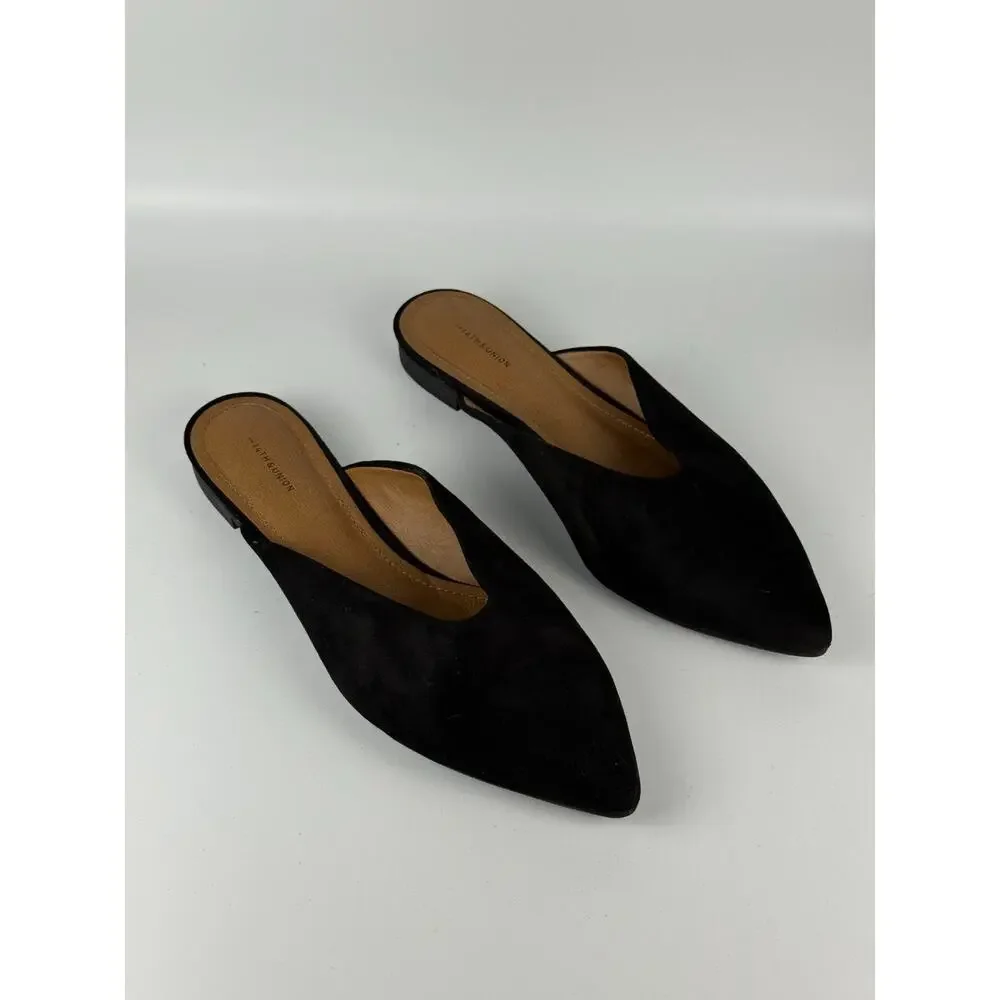 14th & Union Womens Black Faux Suede Pointed Toe V-Cut Vamp Mules Size 10M